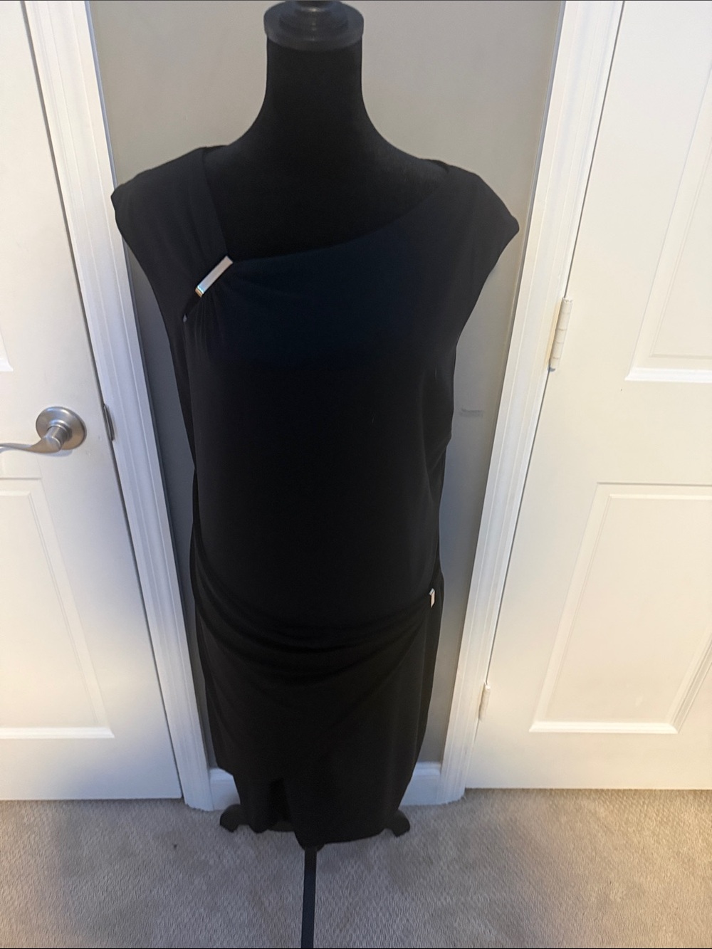 Cache Black Cap-Sleeve Midi Dress with Accent Trim